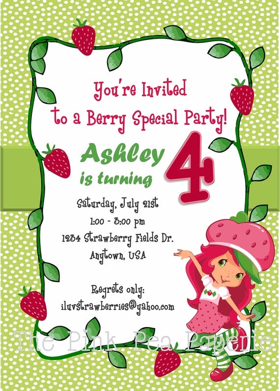Custom Printable STRAWBERRY SHORTCAKE Berry Merry Dots 5 x 7 Birthday Invitation Il_570xn