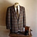 1970s Plaid Suit Jacket Super Mod 70s Brown & Gray Plaid Mens Vintage Blazer / Sport Coat by Glenshire - Size 46-48 (XL)