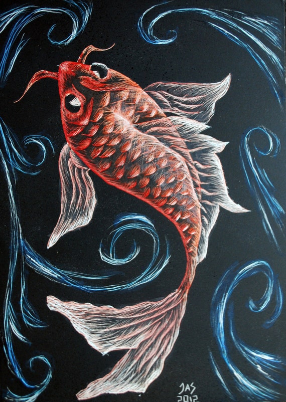 Koi Scratchboard Painted with Watercolor 5x7 by JensArtsPC on Etsy