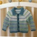 Hand knitted baby cardigan with collar, sea coloured stripes, fit 3-6 months
