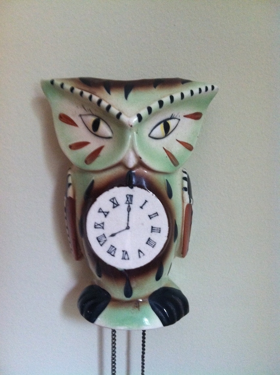 SALE Vintage Japanese Ceramic Owl Cuckoo Clock Wall Pocket