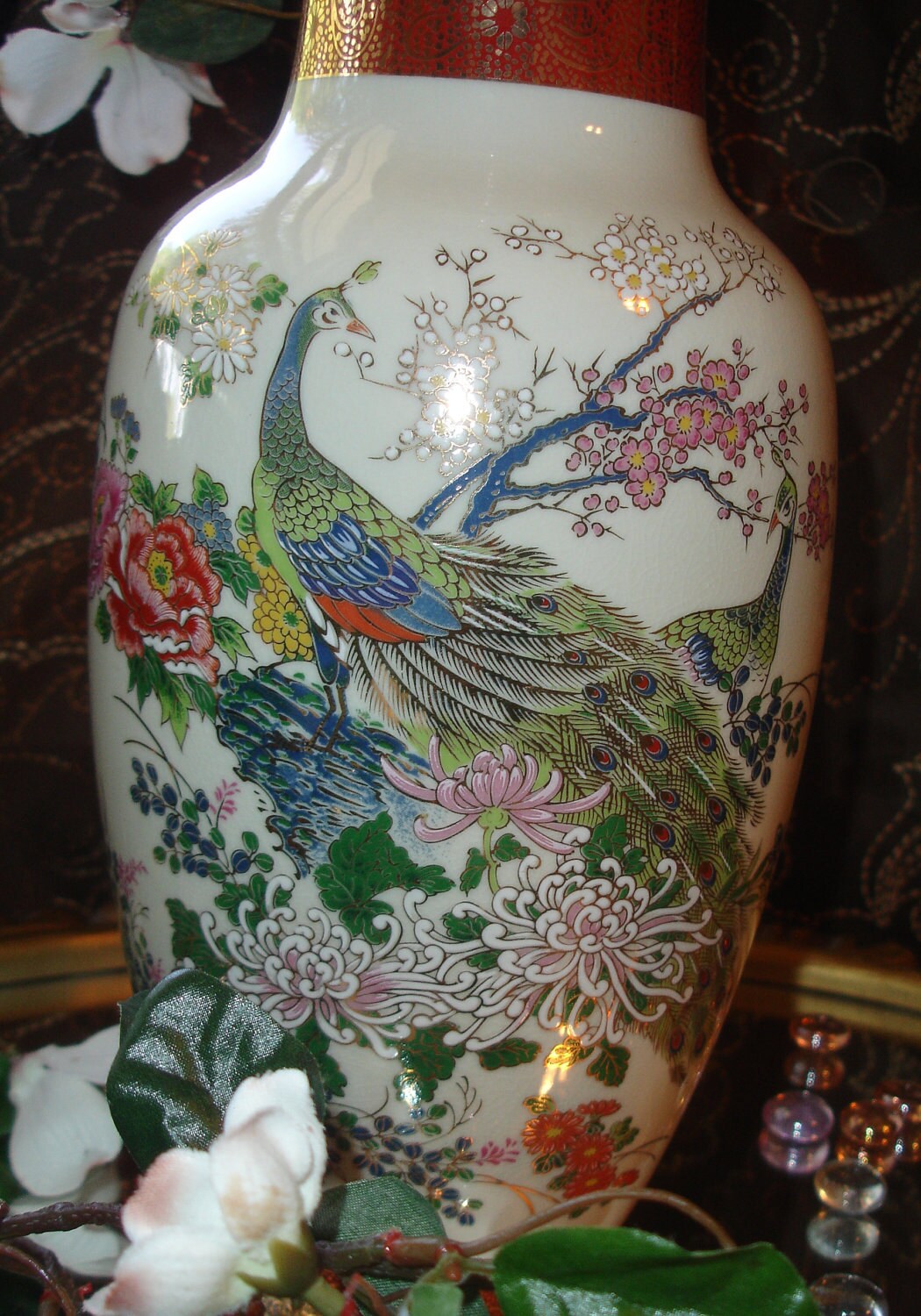 Vintage Peacock Vase Satsuma Japan 1979 by BlessedBeyondBeelief