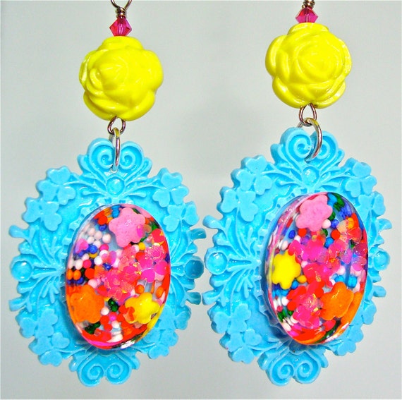 Big blue colorful candy resin earrings by sparklecityjewelry