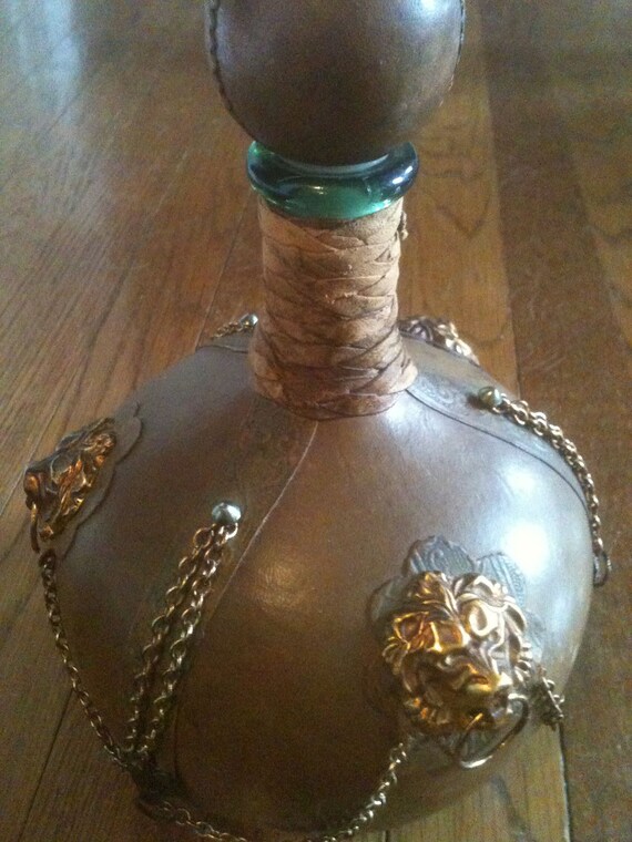 Vintage Italian Leather covered Wine Decanter with Brass Lions