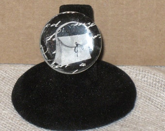 Black and White Handbag Mirror Tile Button Adjustable Ring
