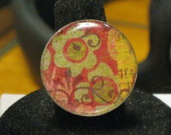 Red, Olive Green and Gold Tapestry Floral Print Adjustable Ring