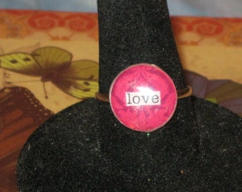 Fuschia Pink Love Round Mirror Tile Adjustable Ring