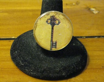Antique Key Round Mirror Tile Adjustable Ring