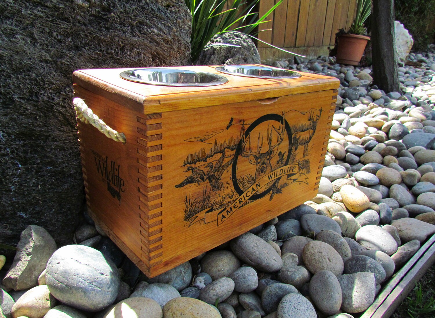 Made in America Elevated dog pet bowl dish holder feeder wood