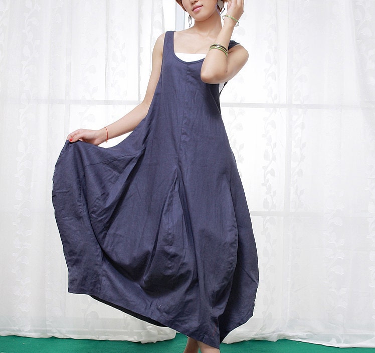 Blue Linen Dress Flower Shaped Puffy Skirt Maxi Vest Top
