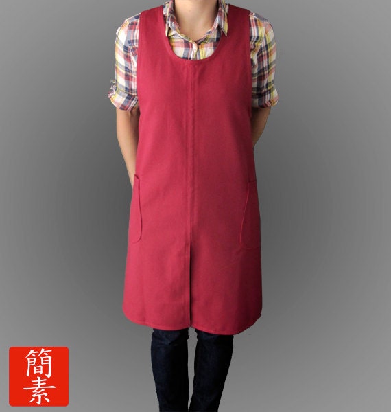 Womens Japanese No Ties Apron Maroon Red Denim by KansoAprons