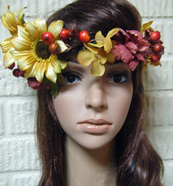 Sunflower & Berries Boho Hippie Flower Crown Headpiece