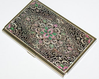Lacquer Nacre Mother of pearl Business card holder credit ID card case Arabesque design
