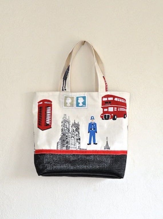 London print bag purse tote handbag black faux by CraftStall