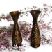 Vintage pair of 2 ETCHED COPPER bud VASES set - Old metal folk arts display pot lot - Etching crafts floral tulip & daisy flowers