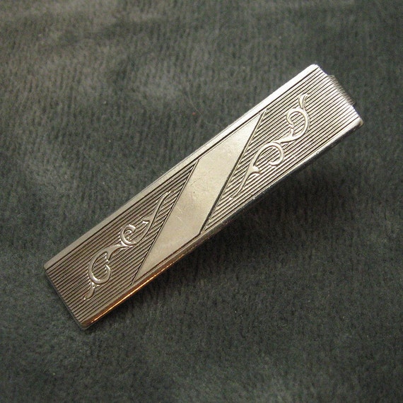 Vintage Cufflink Tie Bar Set Engraved Silver H159