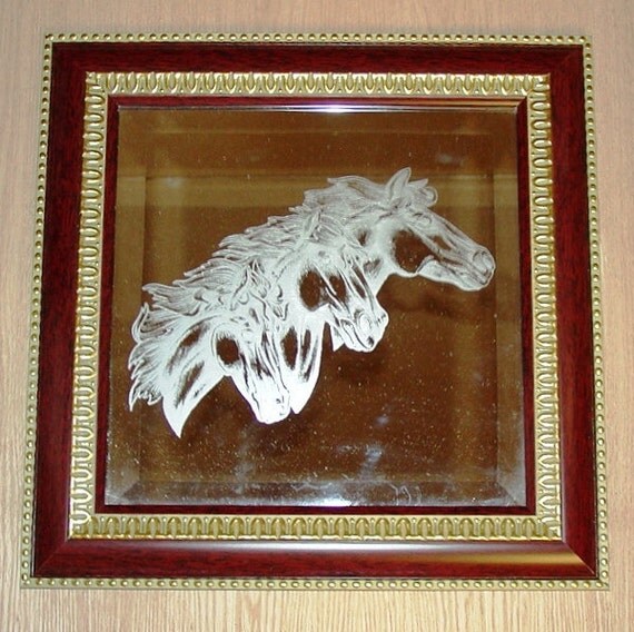 Framed beveled Wall Mirror Laser Engraved Horses 16 X
