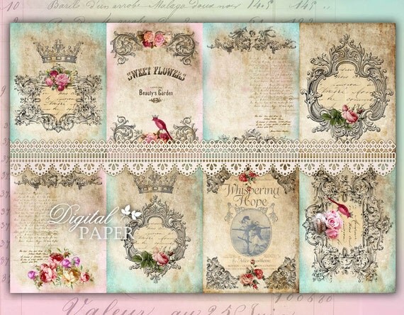 Victorian French - background - digital collage sheet - set of 8 - Printable Download