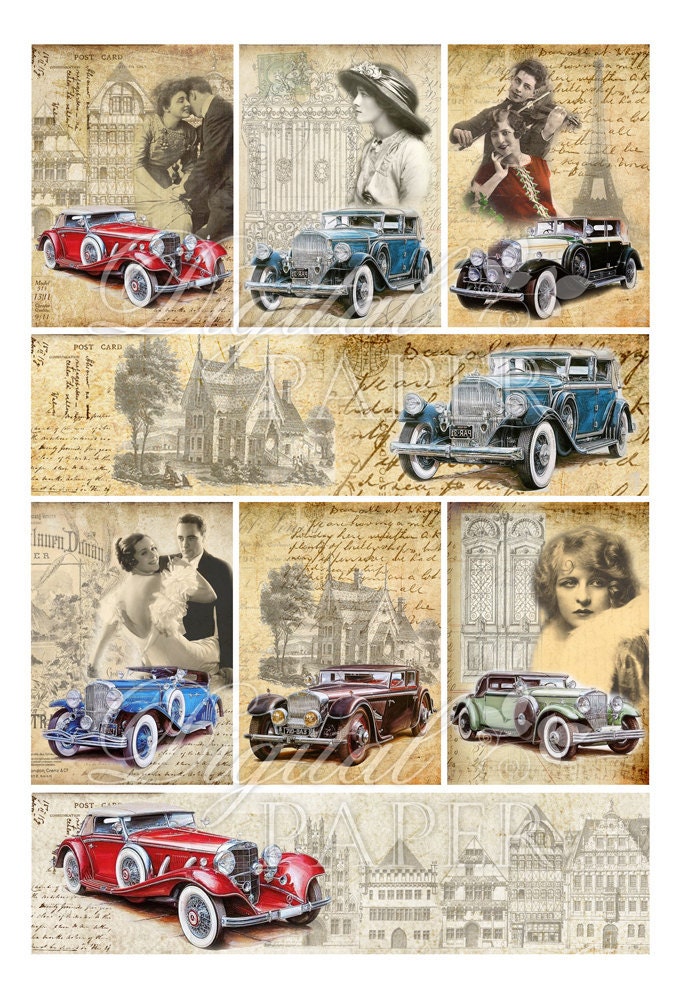 Auto Vintage digital collage sheet set of 6 Printable