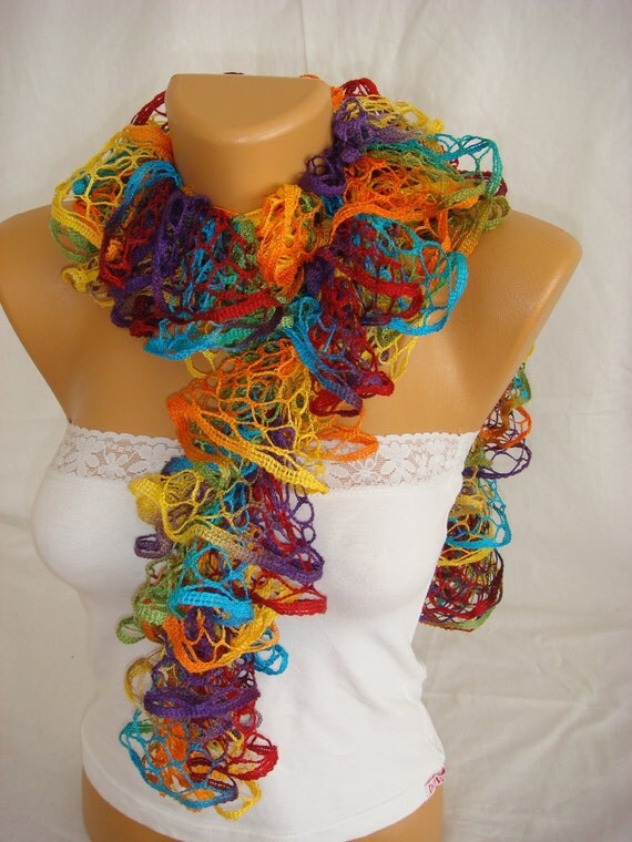 Hand knitted colorful ruffled scarf by ARZUS
