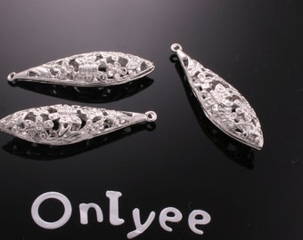 8pcs-44mmX15mm White Gold plated Romantic Filigree Long- Shaped Charms/ pendants(K185S)