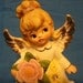 Vintage Lefton October Birthday Angel Figurine with Pink Flower Bouquet and Purple Sash