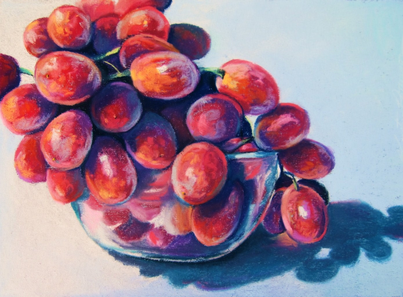 Red Grapes in a Glass Bowl Original Pastel Painting