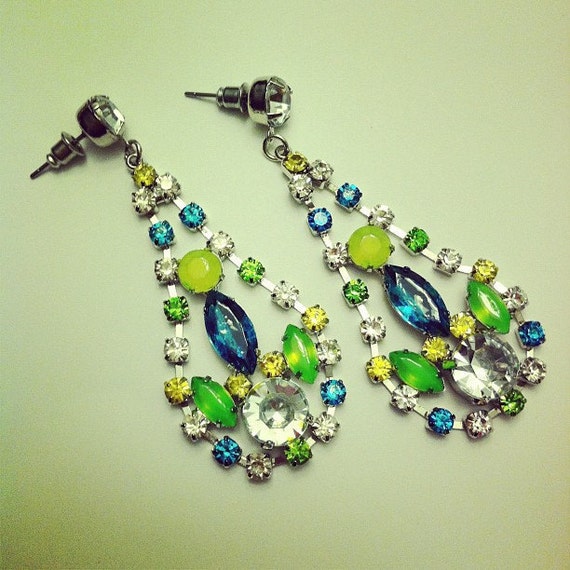 Rhinestone chandelier earrings with neon yellow green and