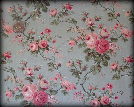 Victorian Pink Rose Floral Olive Green Fat Quarter Fabric