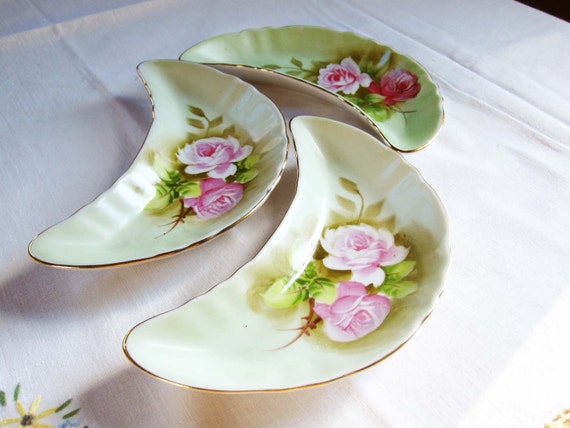 three hand-painted bone dishes from lefton china with pink