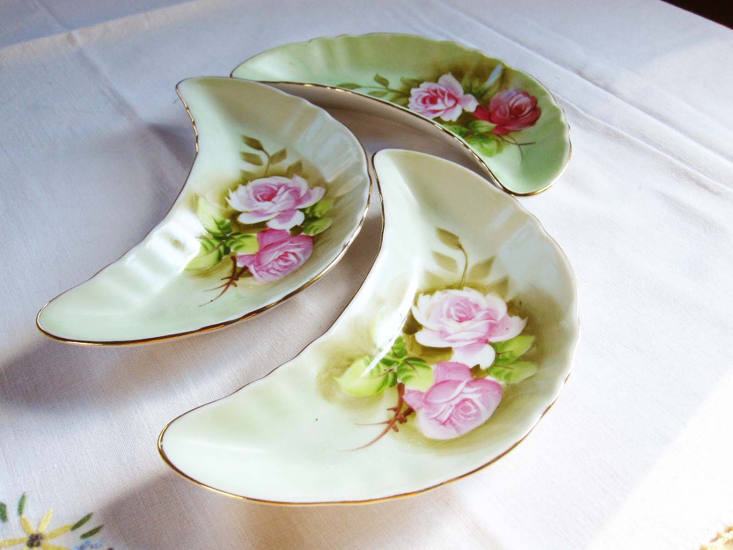 three hand-painted bone dishes from lefton china with pink