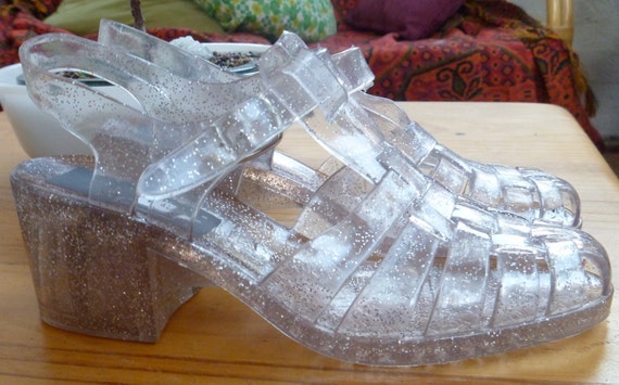 Items similar to Vintage Italian Heeled Jelly Sandals Clear with ...