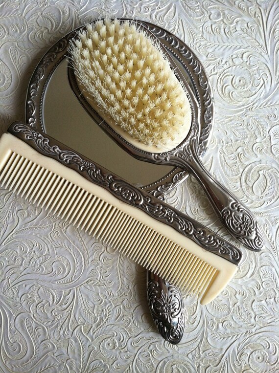 Silver Plated Vanity Set Brush Mirror and Comb for a Little
