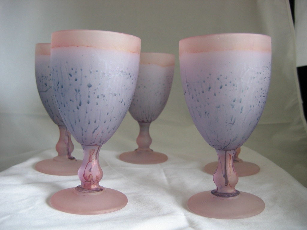 Art Glass Wine Goblets Hebron Israel 5 Pink & Purple