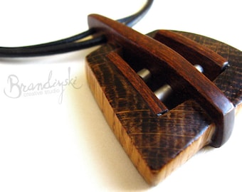 Original Handmade Wooden Pendant - necklace oak and mahagon wood with aluminum and ceramic elements, with leather cord