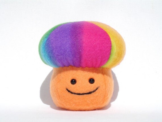 Plush rainbow mushroom toy made with orange and by mamamayberrys