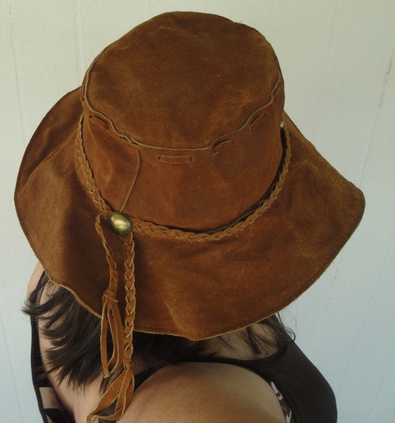 REDUCED Hippie hat Mod Groovy soft floppy Leather with braid