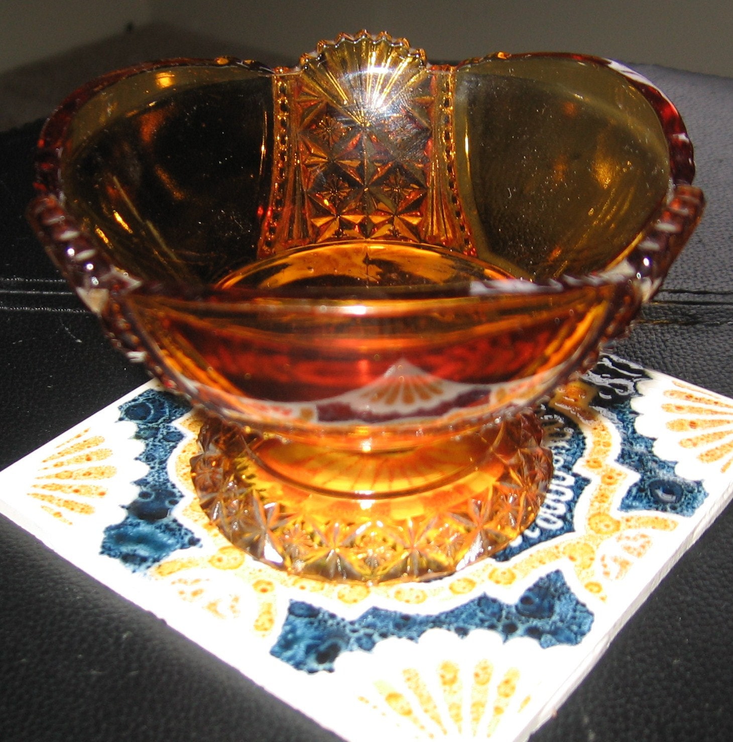 Retro Amber Depression Glass Scalloped Footed Dessert Bowl