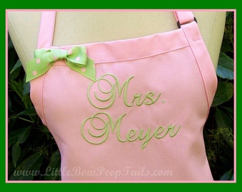 Personalized Pink "Mrs." Apron - Her New Married Name - Pastel Wedding Colors, Monogrammed Bridal Shower Gift Light Soft Green Celadon Grass