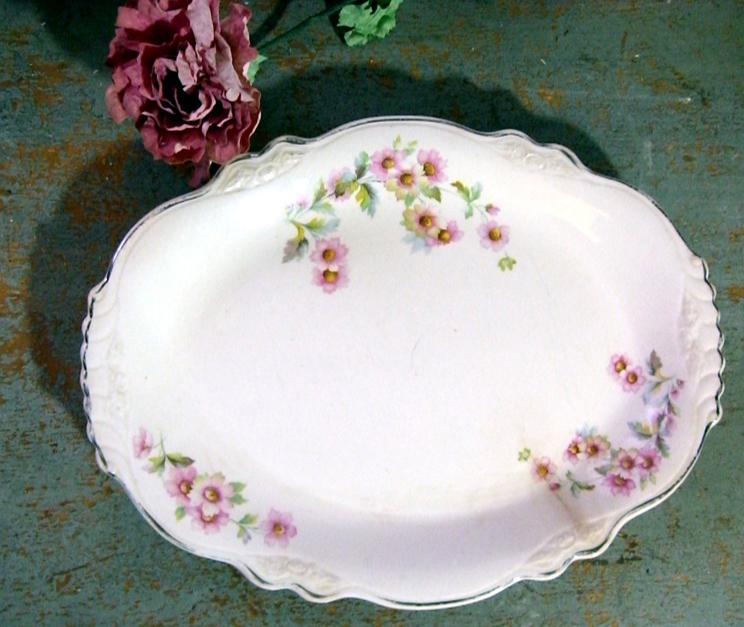Vintage Platter, Homer Laughlin, Pink, Floral, Virginia Rose, M 43 N 8, Shabby, 1940’s Haute Juice
