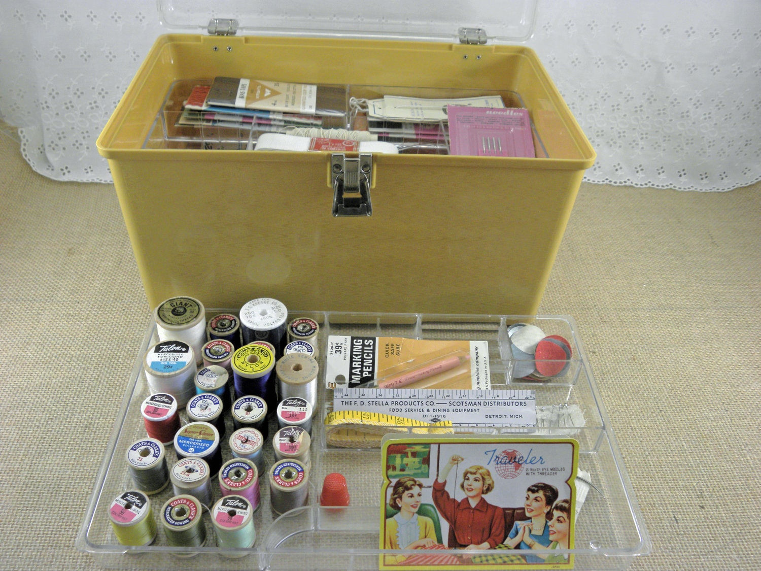 Vintage sewing box large Three tiers of Plastic inserts kit