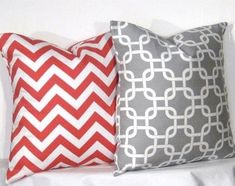 16" Gotcha and Chevron Pillow Set - Set of 16 x 16 Inch Chevron Pillow Covers - Grey and Coral- TWO PILLOW COVERS