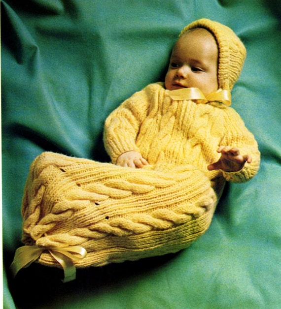 Vintage Knitting Pattern Cable Baby Bunting Sleep Bag and Hat Instant Digital Download
