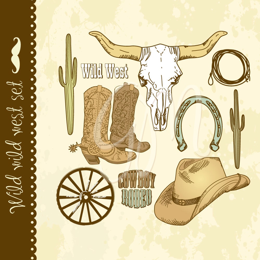 Cowboy clipart and digital scrapbooking paper pack Wild West