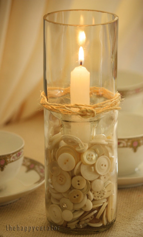 Recycled Bottle Candle Holder With Ivory Buttons And Jute