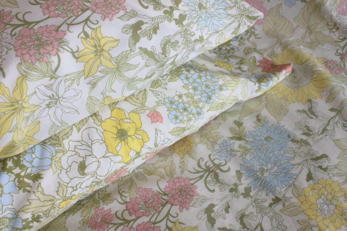 Vintage Queen Sheet Set Floral with Greens Pinks Yellows