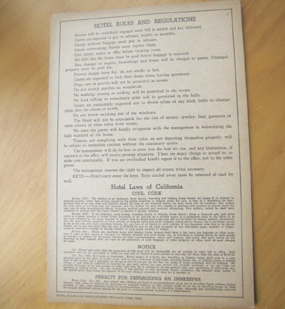 vintage 1923 CALIFORNIA HOTEL RULES and Regulations