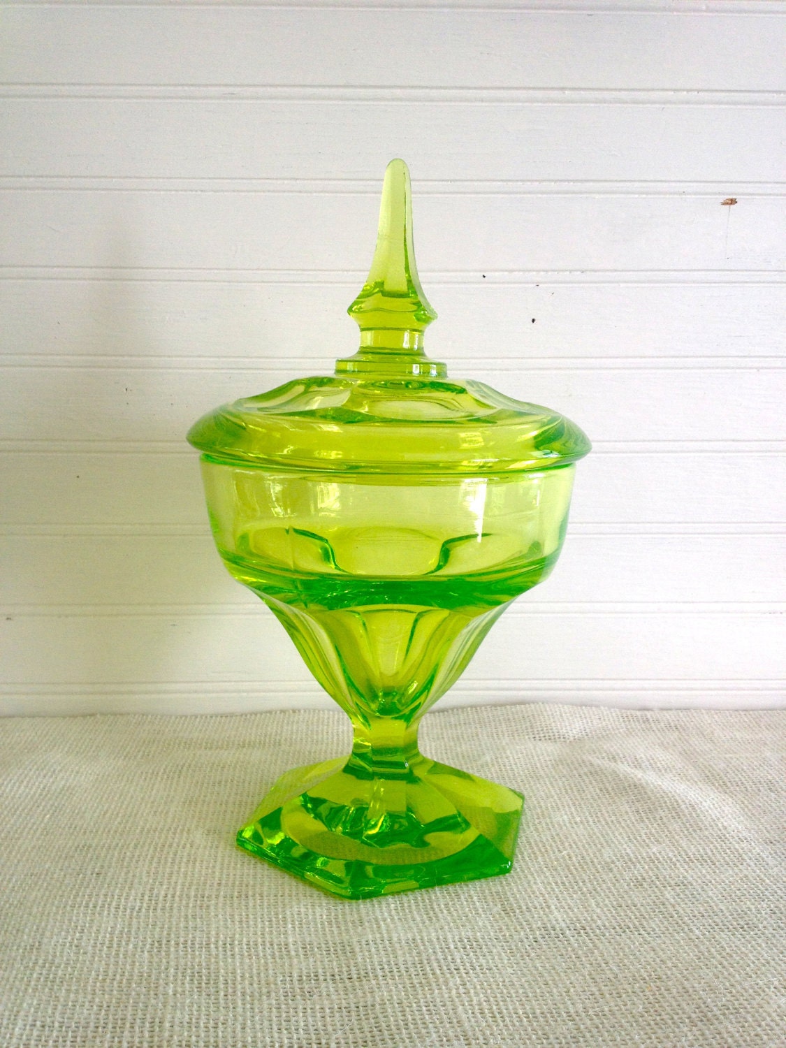 Vintage Vaseline Glass Covered Compote Candy Dish Thick 7642