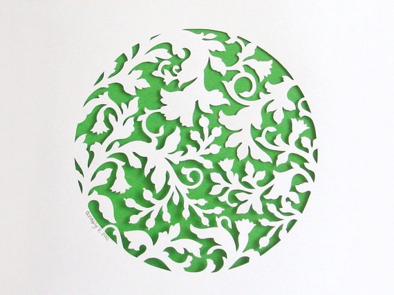 Summer Plants - handcut papercut poster with a floral pattern - white, green, A4