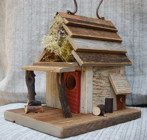 Rustic Birdhouse with Porch Antique White bird house